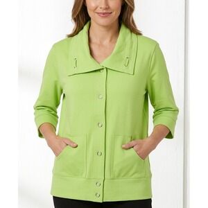Good Fortune Women's Cardigan Green Lime Cotton Blend XL Snap Pocket 3/4 Sleeve